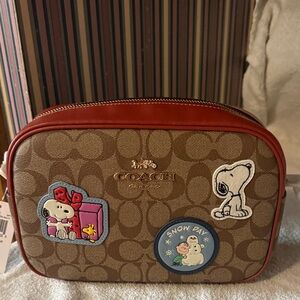 Coach khaki/redwoodand Red Snoopy signature Jamie camera bag with patches